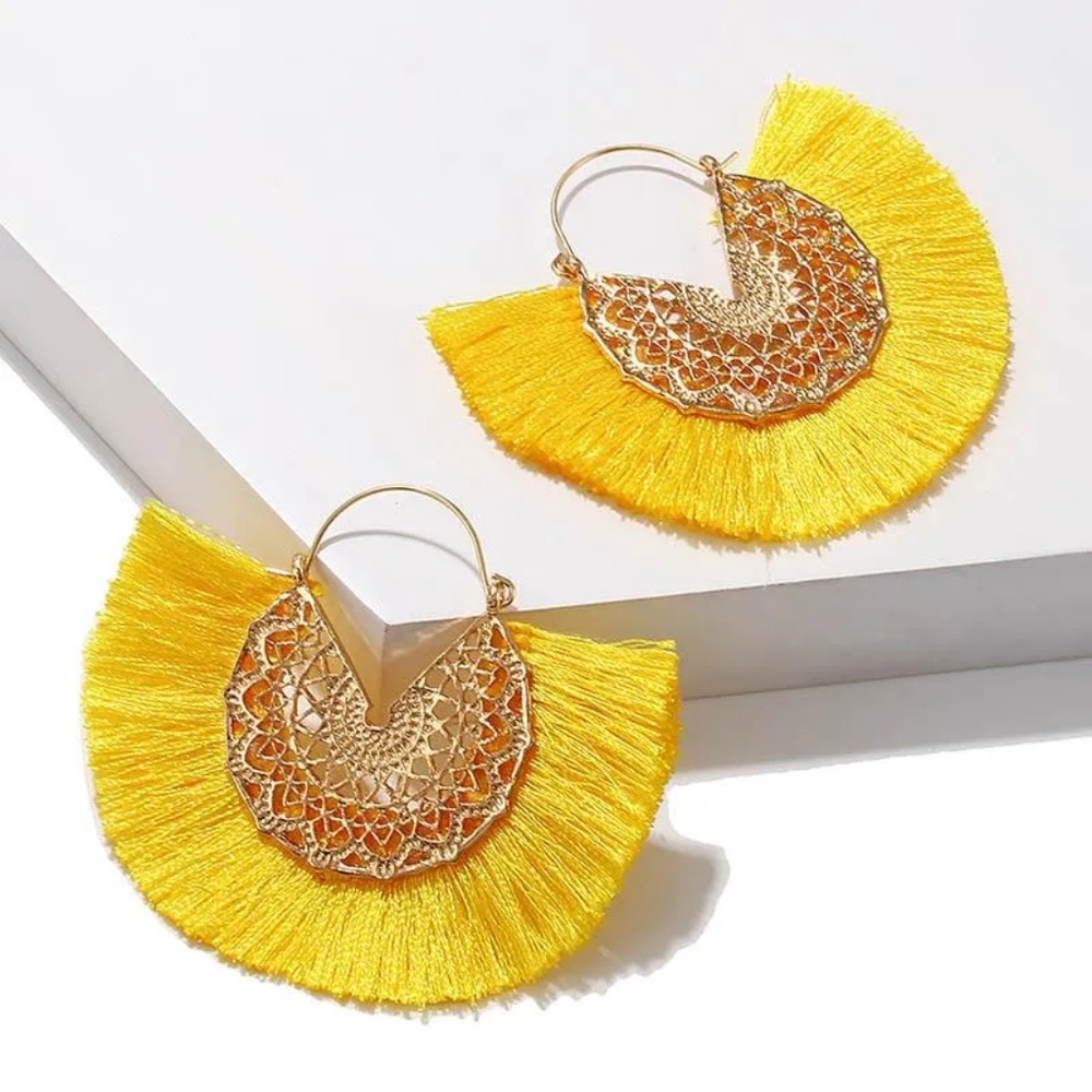 New! Bohemian Yellow & Gold Fan Tassle Earrings